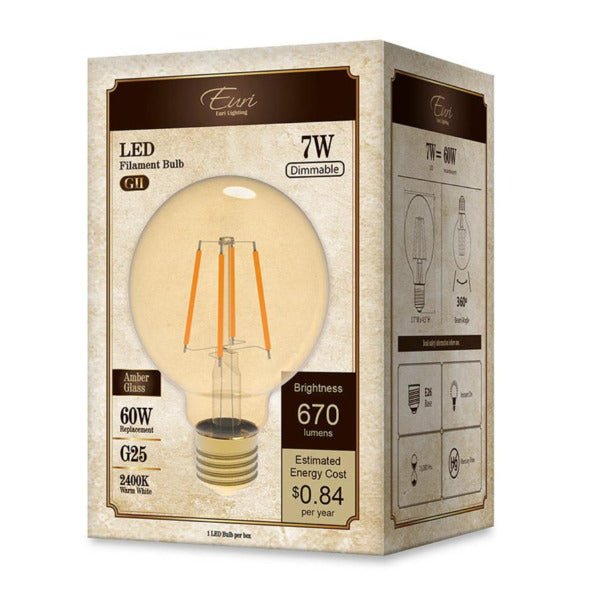 12 Bulb pack -LED Filament Edison Light Bulb - G25 Globe - 7 Watt - Amber - 2400K - Nostalgicbulbs.com