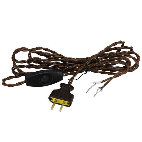 Brown Twisted Cloth Covered Lamp Cord with On/Off switch & Plug & - 8 ft. - Nostalgicbulbs.com