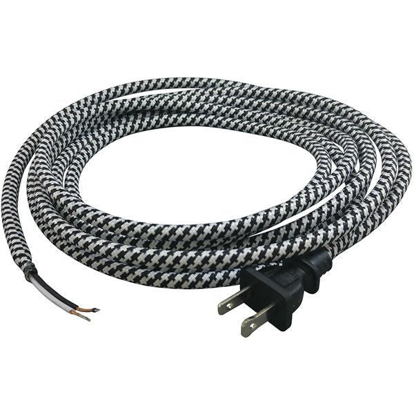 Black and White Cloth Covered Cord with molded Plug - 10 ft. - Nostalgicbulbs.com