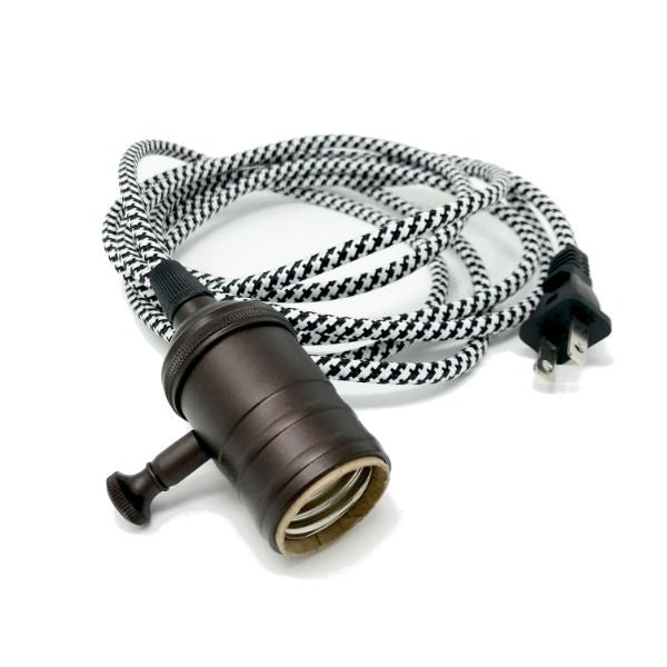 Black & White Cloth Cord Pendant with Bronze Dimmer Socket - Nostalgicbulbs.com