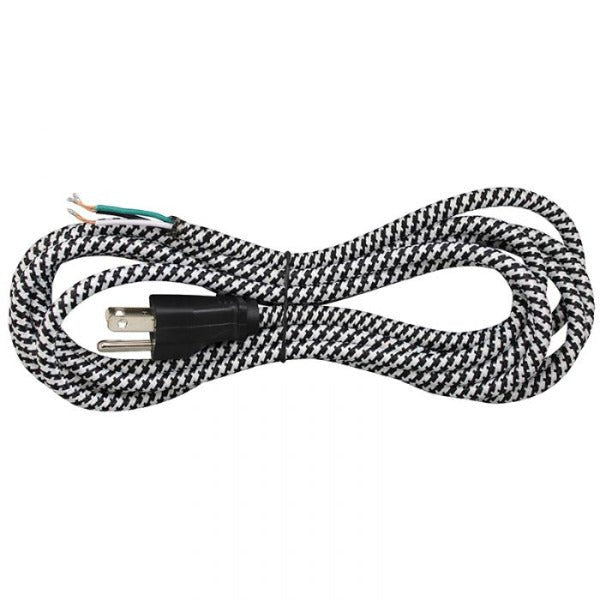 Black & White Cloth Covered Cord with molded Plug - 3 Conductor - 11 ft. - Nostalgicbulbs.com