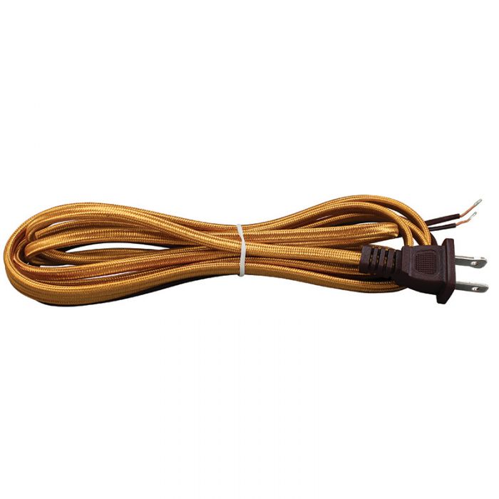 Gold Cloth Covered Parallel Cord with molded Plug - 10 ft. - Nostalgicbulbs.com