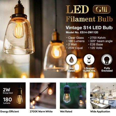 LED Filament S14 Bulb - 2 Watt - 180 Lumens - Clear - 2700K - Nostalgicbulbs.com