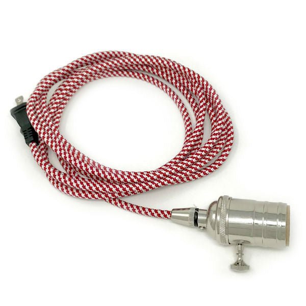 Red & White Cloth Cord Pendent with Polished Nickel Socket - Nostalgicbulbs.com