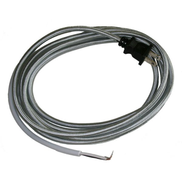 Silver Cloth Covered Cord with molded Plug - 10 ft. - Nostalgicbulbs.com