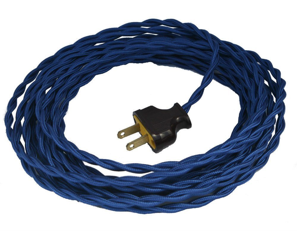 Twisted Blue Cloth Covered Cord with Brown Plug - 8 ft. - Nostalgicbulbs.com