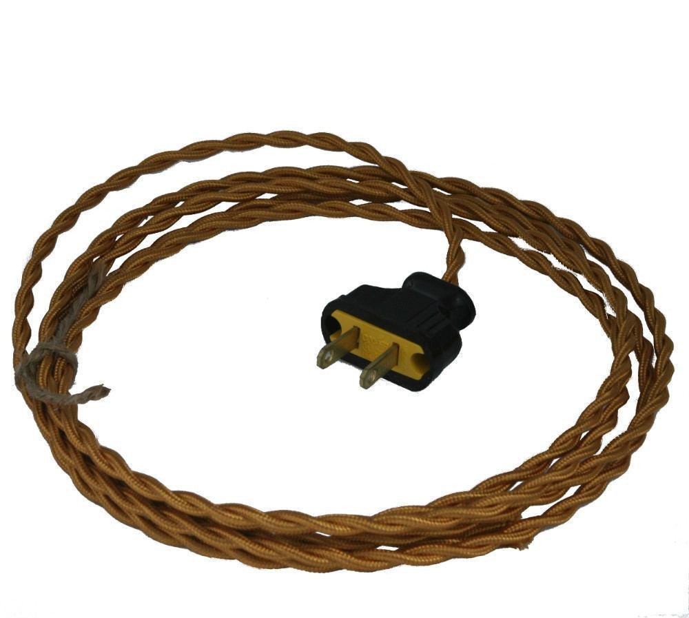 Twisted Bronze Cloth Covered Cord with Brown Plug - Nostalgicbulbs.com