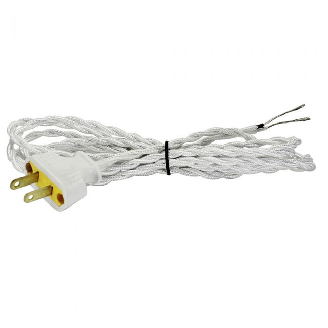 Twisted White Cloth Covered Cord with White Plug - 8 ft. - Nostalgicbulbs.com